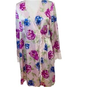 Valerie Stevens Purple Floral Robe Lace Trim  ‎ Small Waist Tie Feminine